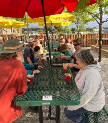 Several people sit at green picnic tables under canvas umbrellas.