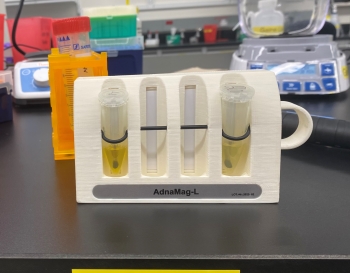 Photo shows four tube-like cylinders in a row attached to a ceramic plate. There appears to be yellow liquid in the two outer tubes.