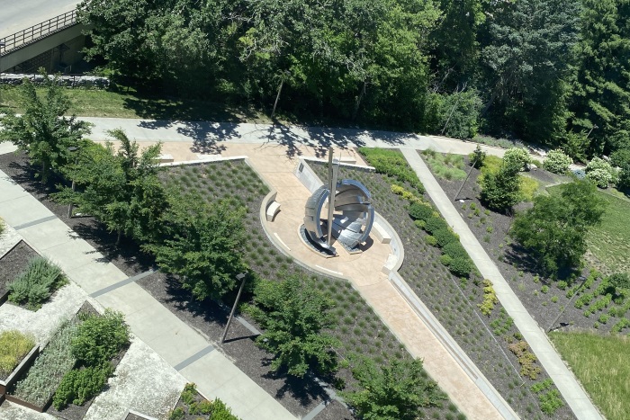 Aerial view of a sculpture park walkway