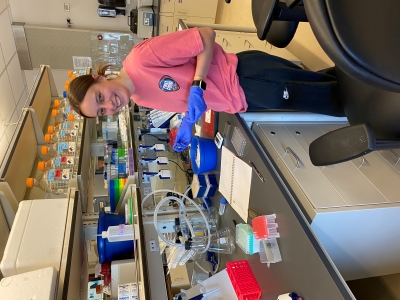 Cameron works with a needle to pop bubbles in the Bradford Protein Assay in the lab at Anschutz