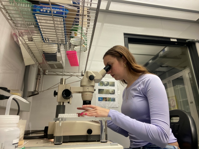 Cameron looking into a microscope, seen in profile from her left side