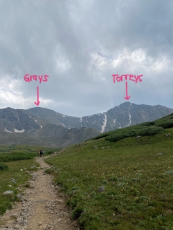 A mountain landscape view. Cameron has used red editing pen to draw arrows to label Grays Peak on the left and Torreys Peak on the right.