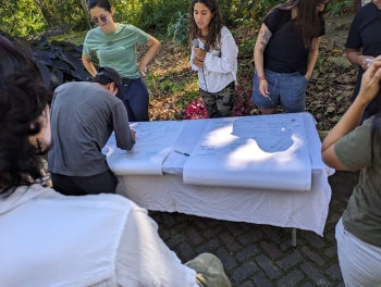 Several people gather around a table with two large sheets of paper that have various words written on them.