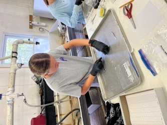 Emma works on a tray at a table with other interns. She is bent over slightly to make what appears to be a cut into something small she's holding.