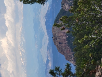 A beautiful mountain vista with immediate tops of evergreen trees in the foreground and, farther out, the tops of mountains and, eventually, clouds, in the background and top of the image.