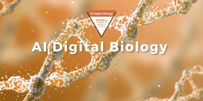 An orange and cream background with the same colors in a DNA strand in the background. The words AI Digital Biology title the image in the center, and there is a small inverted triangle above that title with additional information.