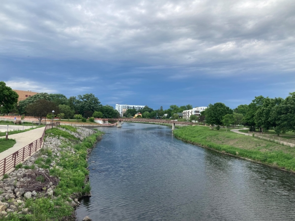 A view of where the Zumbro River splits into Bear Creek. Bridges crossing the river throughout the city make beautiful walking and bike paths.