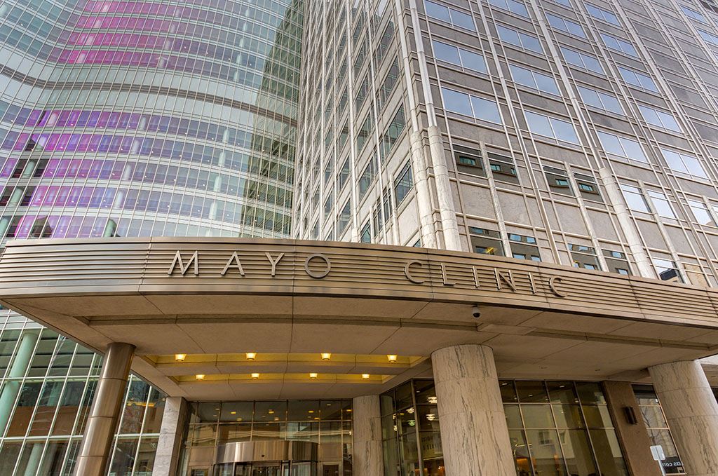 Stock photo of the golden Mayo Clinic entrance sign