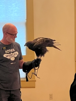 Raptor Center expert with a red-tailed hawk