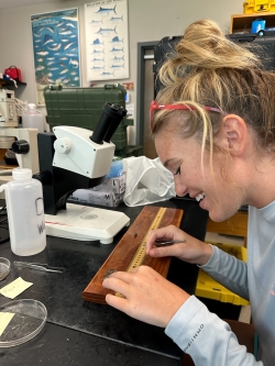 Anna sits at a wooden lab bench, measuring something we can't see along a traditional wooden yard/meter stick.