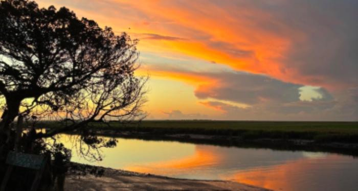 A beautiful pink sunset over a marsh area near Georgetown, South Carolina