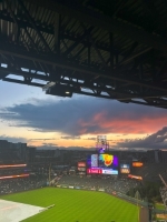 View of Coors Field at dusk after some rain. This is where the Colorado Rockies baseball team plays.