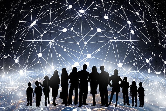 Stock image of people networking, nondescriptly drawn as black figures connected by lines and stars