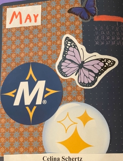 Celina May journal page showing stickers from Mister Car Wash and other stickers she found throughout the month