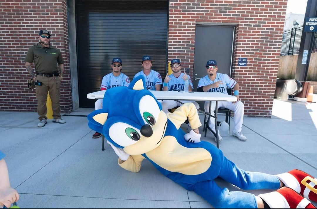 Evan in a Sonic mascot costume.