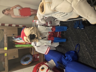 Discarded remnants of a mascot costume lie on what appears to be a drying rack. They appear deflated without a person to bring the costume to life.