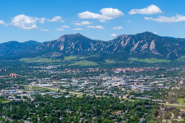 Aerial view of Boulder, Colorado and nearby mountain vista with snowy white caps