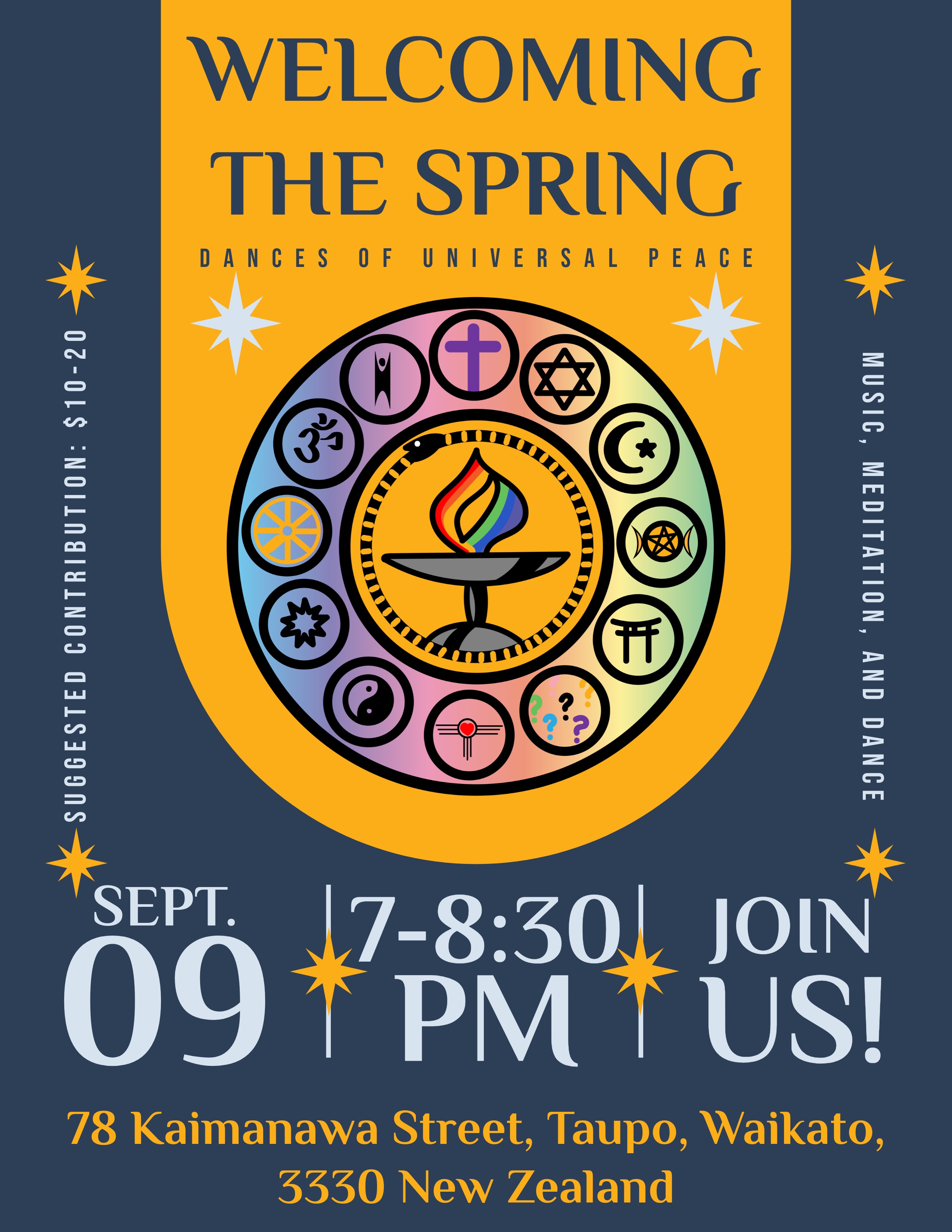 A poster advertising an event titled "Welcoming the Spring: Dances of Universal Peace"