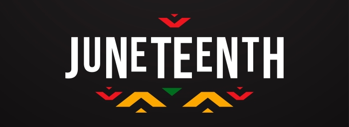 The word Juneteenth is set off in white letters around a design using the red, green, and yellow colors of the Juneteenth flag against a black background.