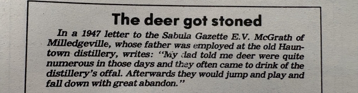 Newspaper clipping about deer getting drunk off of offal from a nearby distillery