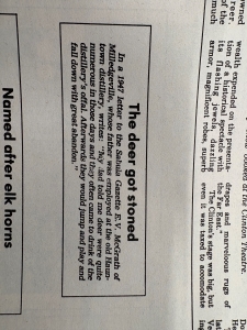 Newspaper clipping about deer getting drunk from offal from a nearby distillery