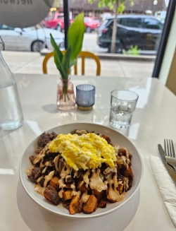 Bowl of steak, egg, and potato hash