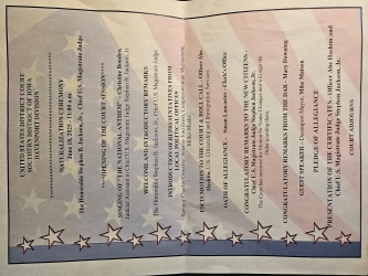 The agenda for the June 18th naturalization ceremony at the U.S. District Court Southern District of Iowa that lists the call to order, various speakers and and speaking parts from start to finish