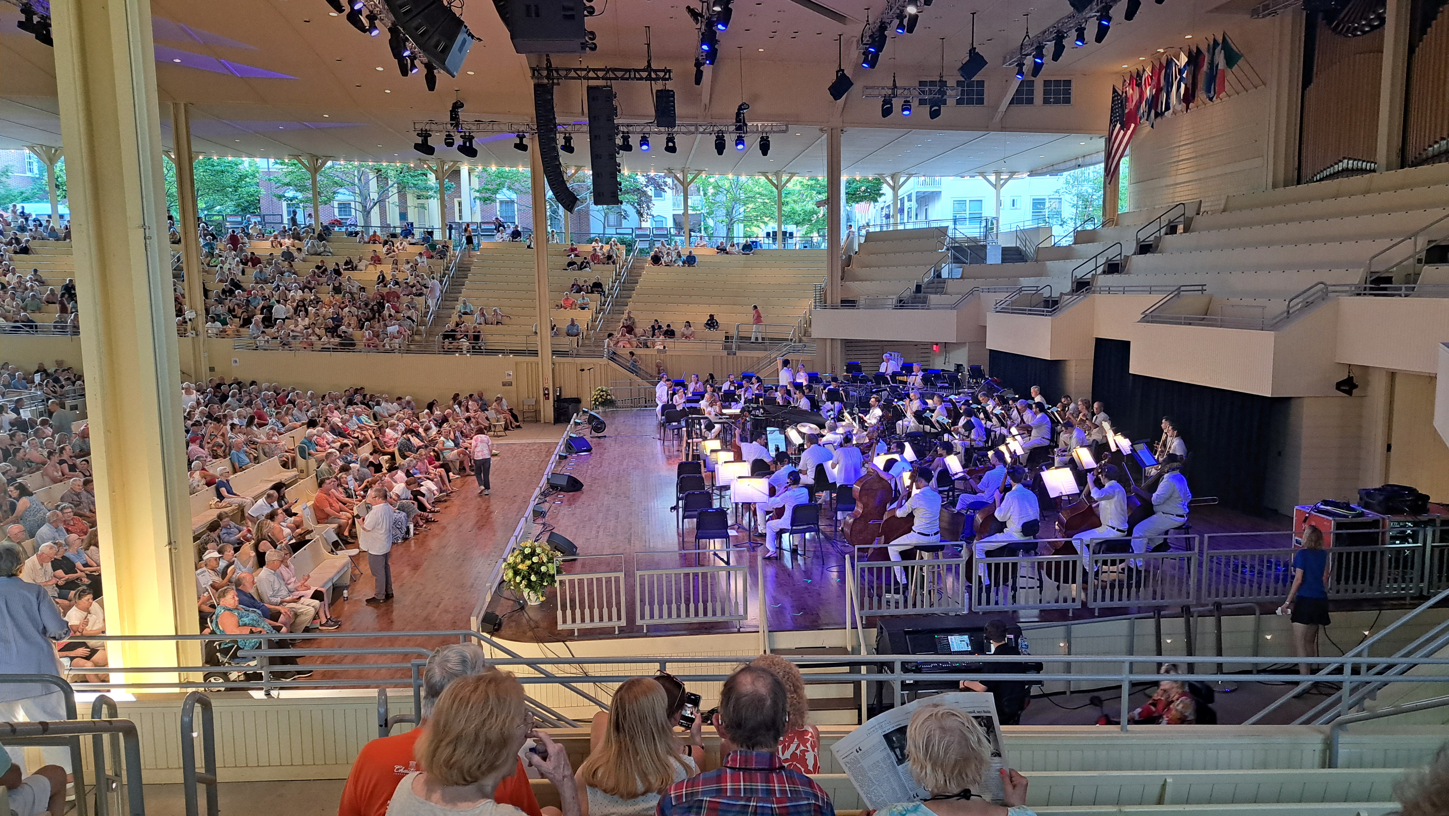 View of a concert hall with the Chautauqua Orchestra playing.