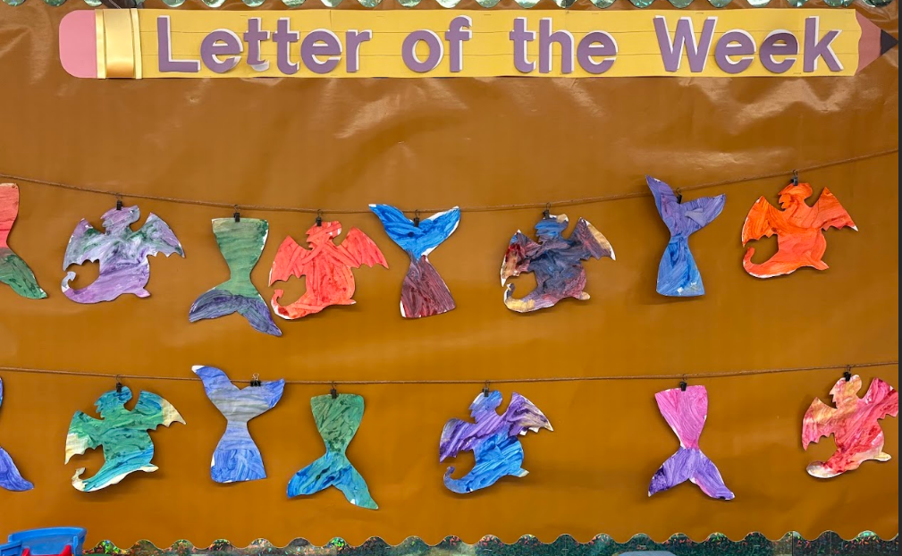 Wall display featuring a 'word of the day' for preschoolers with children's writing beneath.