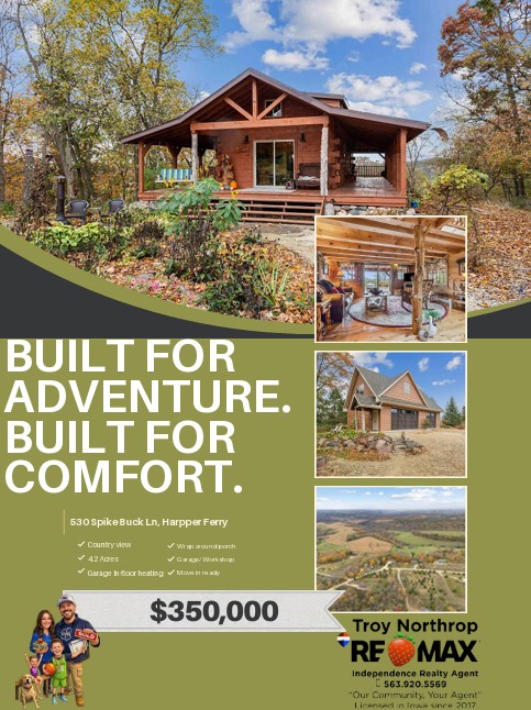 Poster shows an advertisement for a cabin style home