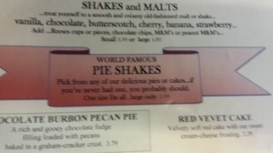 Hamburger Inn's menu featuring the Pie Shake.