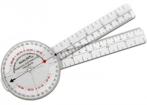 A device used by many physical therapists to measure the range of motion in degrees of a joint. This measurement is used to chart a patients progress.