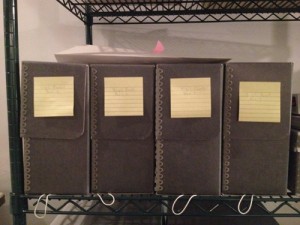 The collection is stored in sleeves, then boxes, which are organized re: the finding guide.
