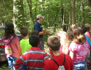 Matt showing off their resident corn snake to a group of school kids