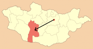 Bayanhongor province, Mongolia (red star is the capital, Ulaanbaatar)