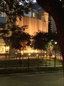 The view at night of the water wall at BCM when I walked home from m volunteering shift.