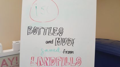 "150 bottles and mugs saved from landfills"