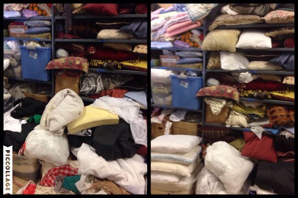 Before and after of organizing prop storage