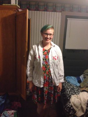 Me rocking my mom's clothes for the company party